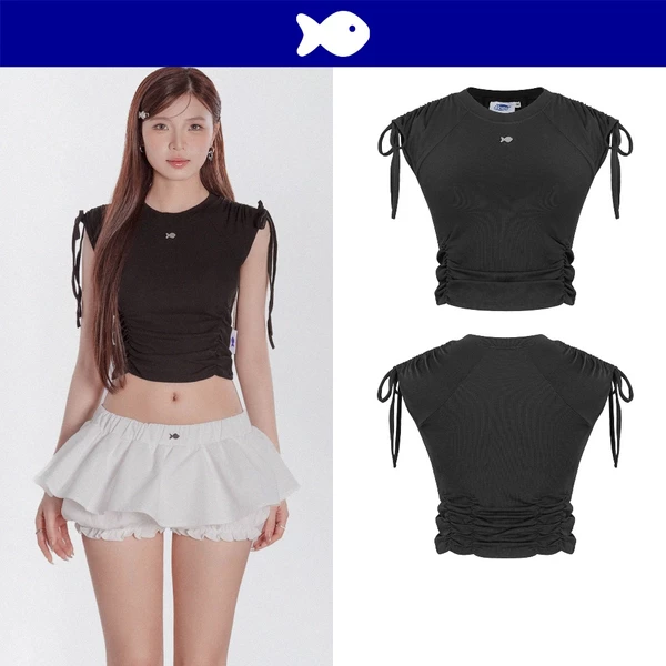 Áo kiểu nữ dáng croptop DKMV form cột nơ vai áo phối hoạ tiết nhún eo điệu đà màu đen Kaytlyn Tops | K-T1