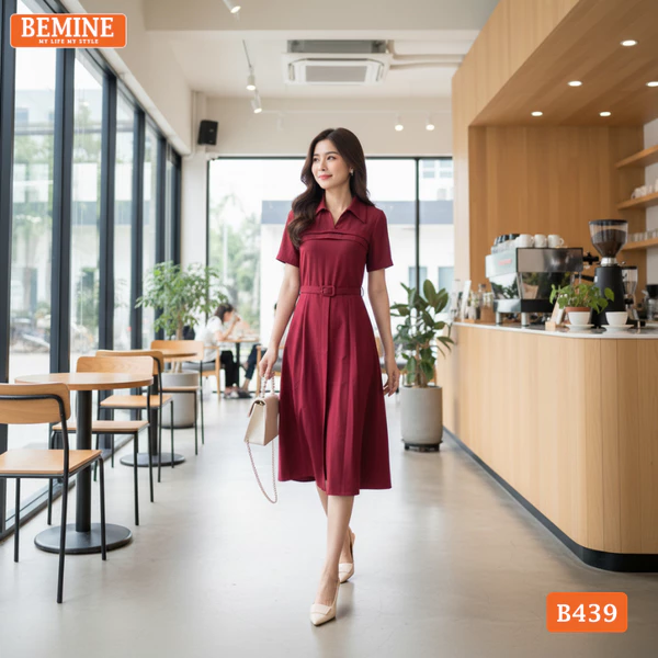 Đầm thiết kế BEMINE cổ sơ mi có đai eo dáng chữ A phù hợp đi làm, đi chơi-B439