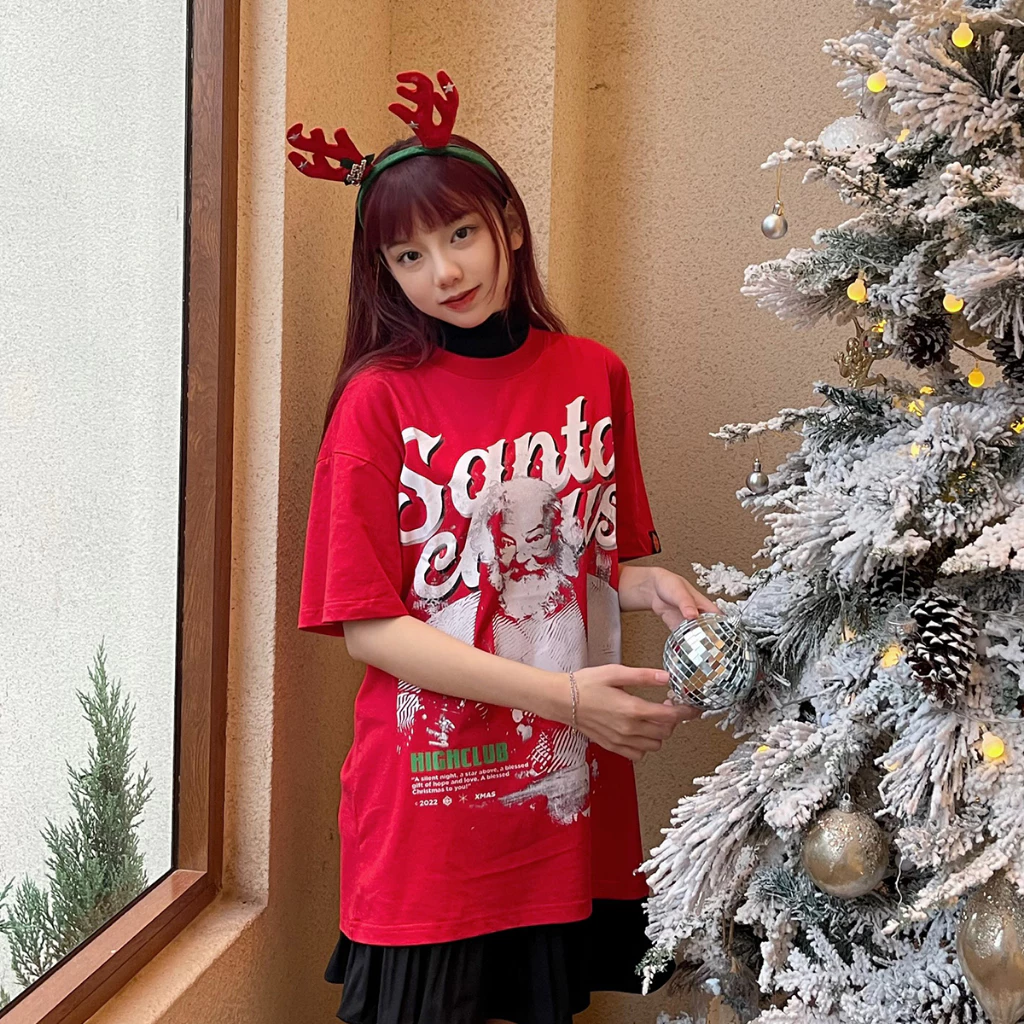 Áo Thun Santa Claus Tay Lỡ Unisex Nam/Nữ ĐỎ Cổ Tròn - HIGHCLUB Brand Chính Hãng