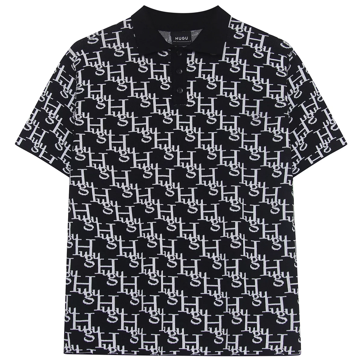 Áo thun polo dệt kim, họa tiết monogram màu xám, đen,.. form boxy unisex họa tiết local brand HUGU - MONOGRAM POLO SS2
