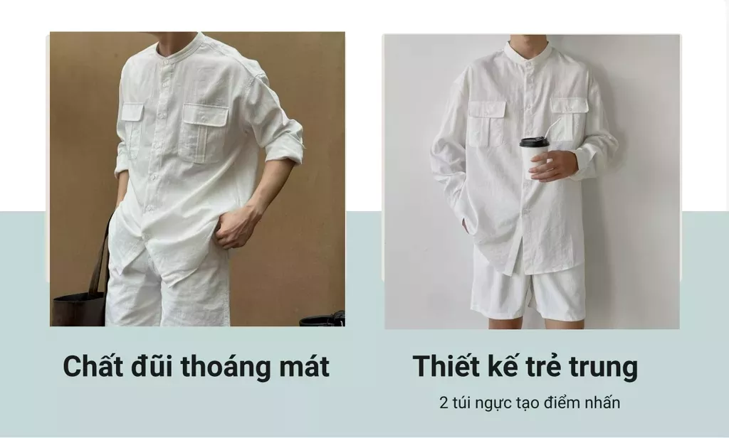 Áo sơ mi đũi nam cổ trụ 2 túi cúc áo sơ mi cổ tàu ZUTEE
