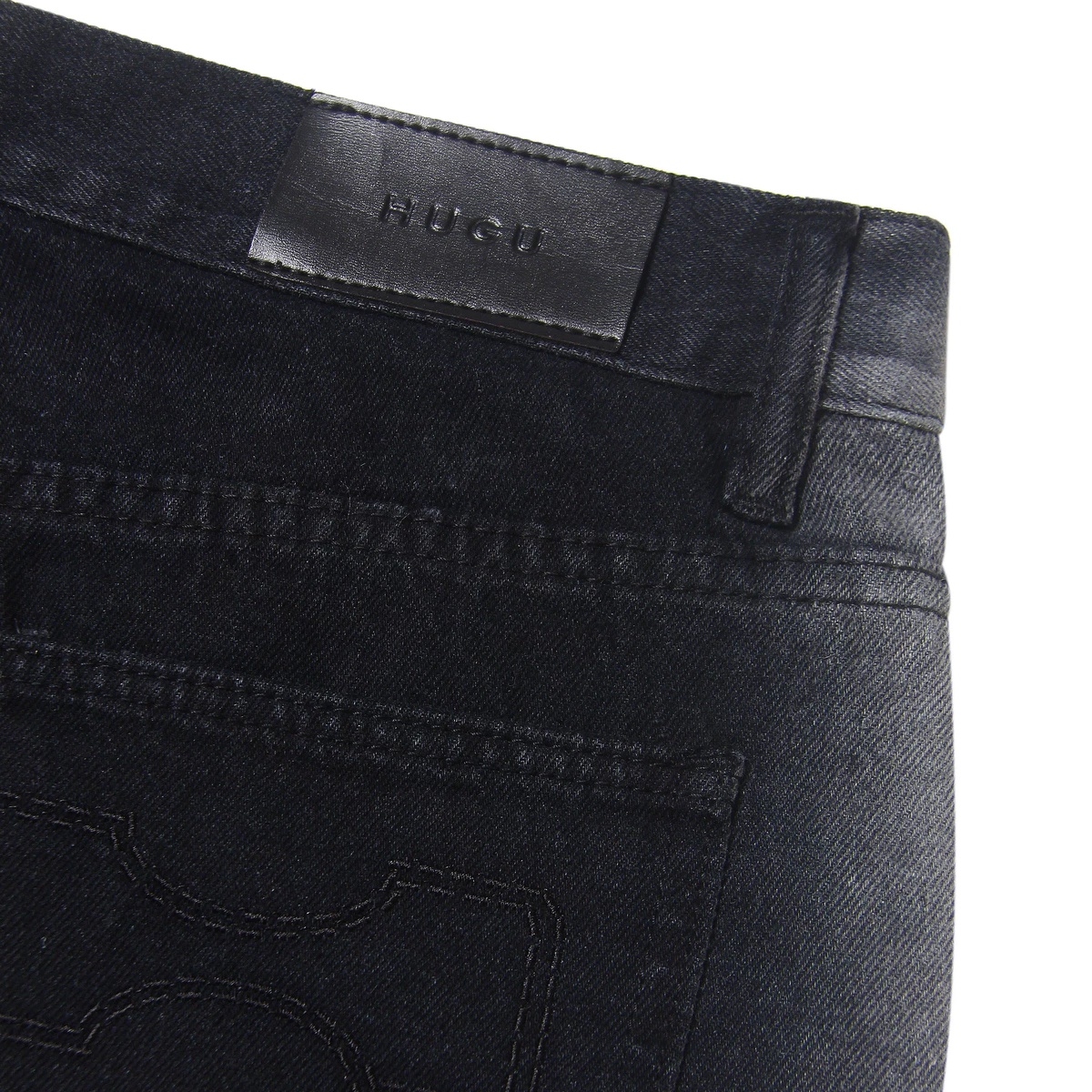 Quần jeans dài unisex màu đen local brand HUGU - SIDE LINE WASH - chất liệu denim, form rộng, tag da, wash nhẹ ở giữa