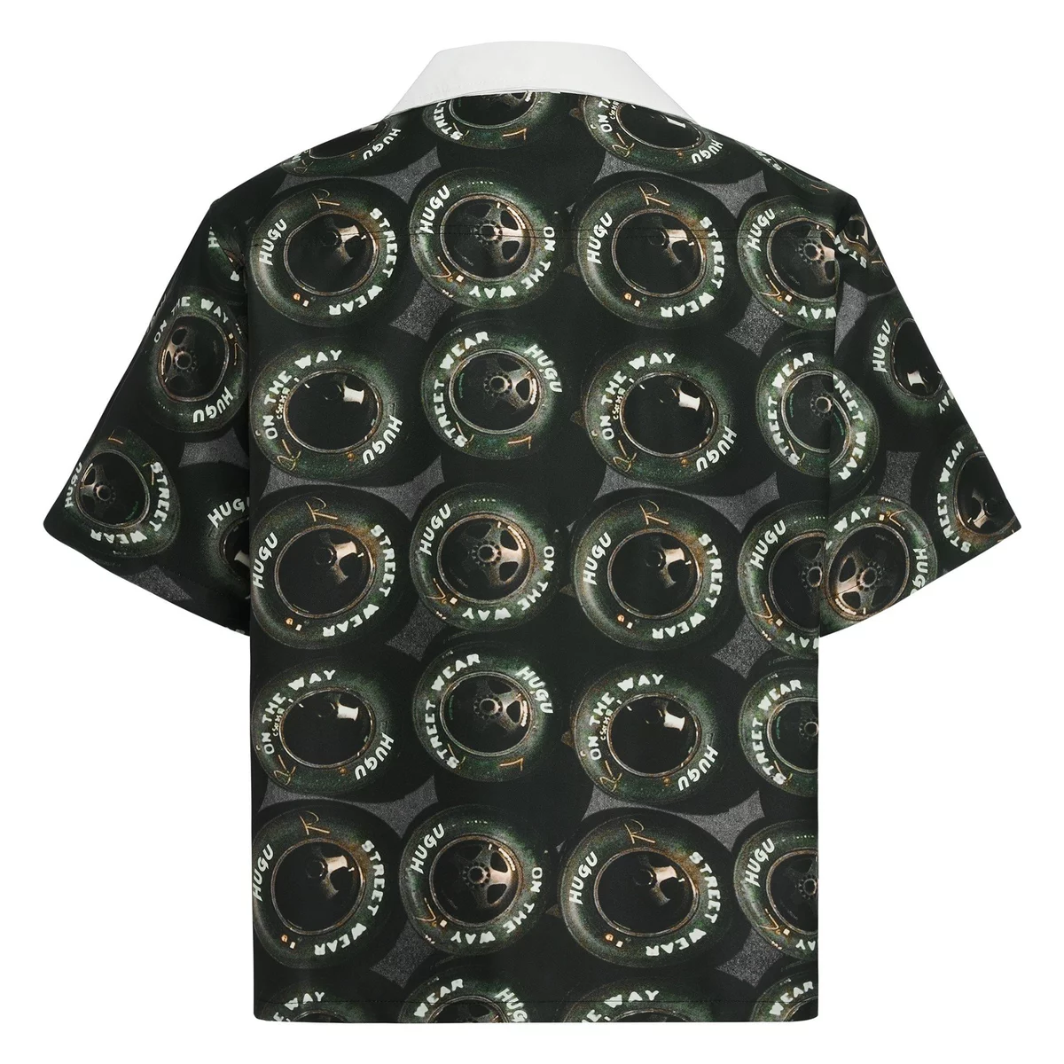 Áo sơ mi unisex local brand HUGU - ON THE WAY - vải lụa, form regular, in chuyển nhiệt, tag in cao thành HUGU phía trước