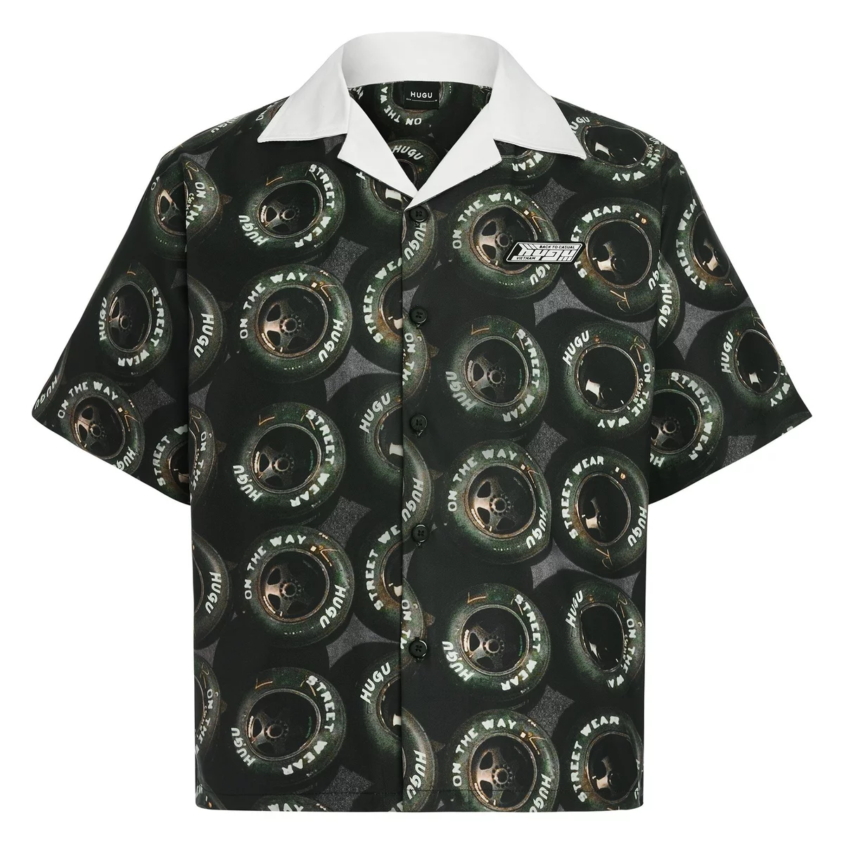Áo sơ mi unisex local brand HUGU - ON THE WAY - vải lụa, form regular, in chuyển nhiệt, tag in cao thành HUGU phía trước