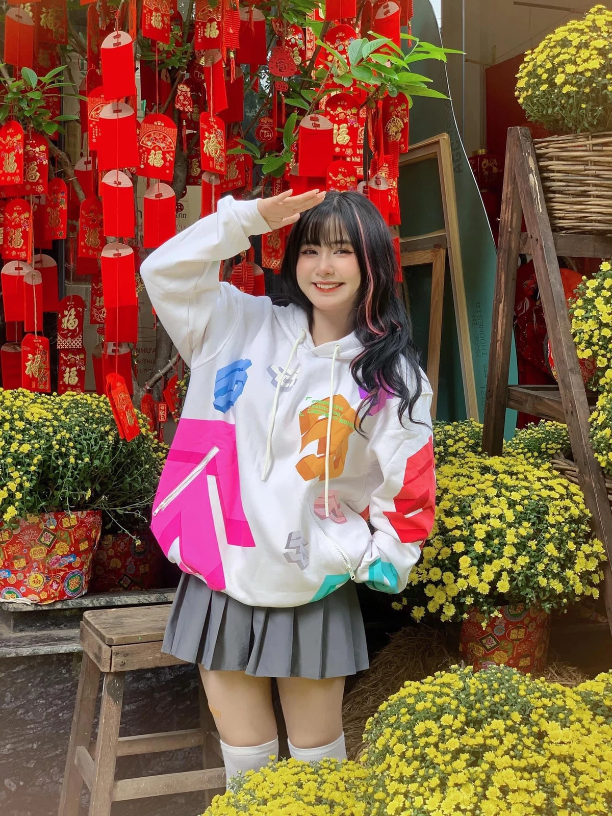 Áo Hoodie 5THEWAY /public icon/ MULTI COLOR BIG LOGO SQUARE HOODIE in WHITE