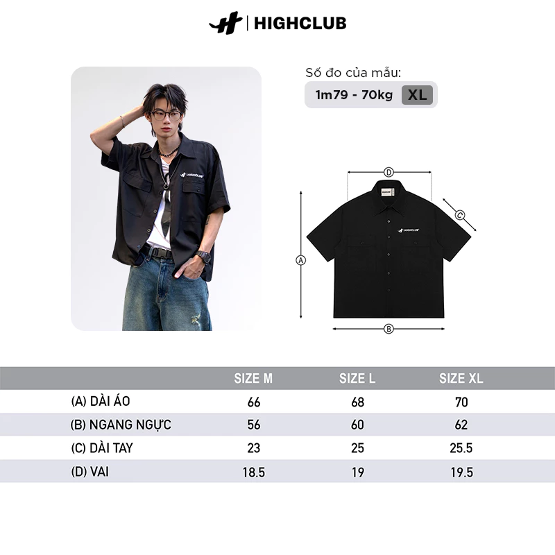 Áo Sơ Mi HIGHCLUB BOXY - Thêu logo - UNISEX - ĐEN/KEM