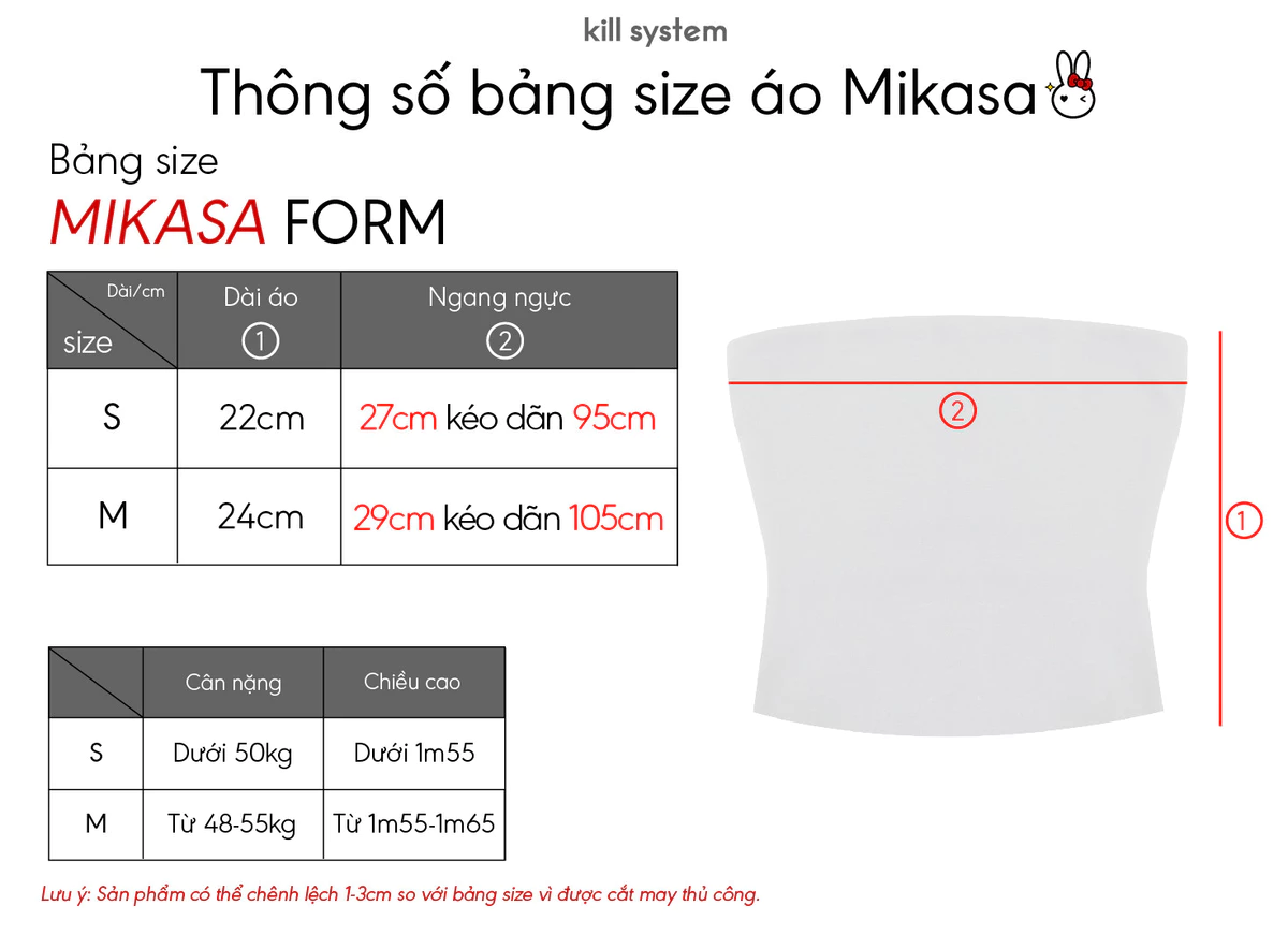 Áo quây Kill System Mikasa áo ống hình thêu thỏ và nơ màu trắng đen