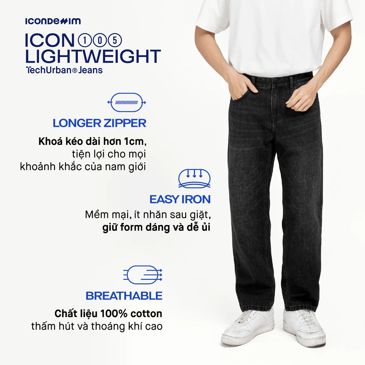 Quần jeans nam ICONDENIM, quần bò ống đứng, dáng suông, công nghệ Lightweight siêu nhẹ, chống nhăn tốt ICON105