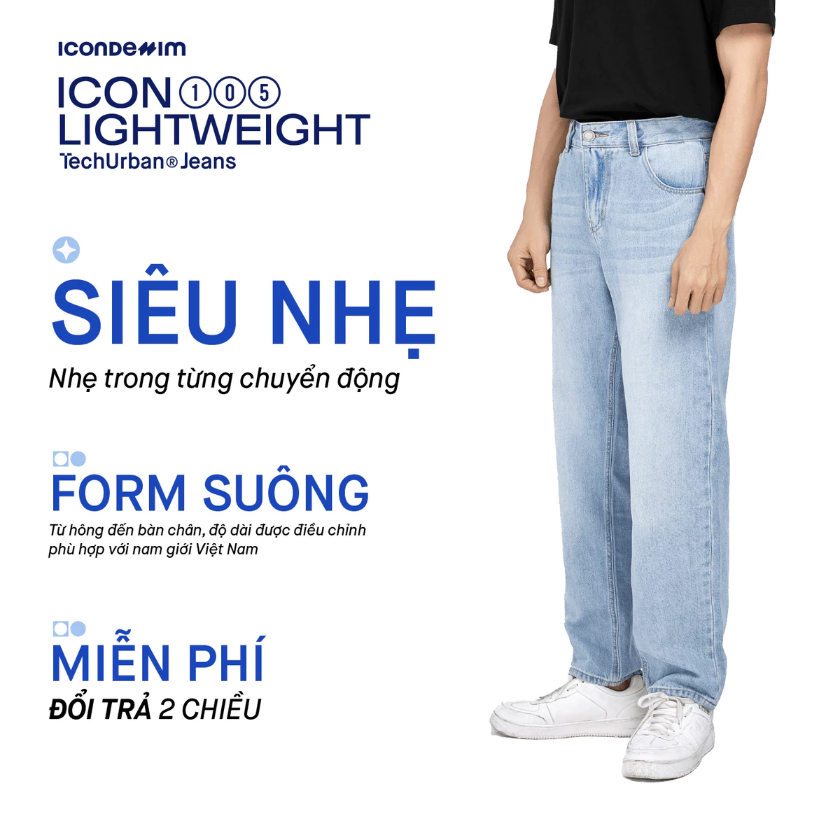 Quần jeans nam ICONDENIM, quần bò ống đứng, dáng suông, công nghệ Lightweight siêu nhẹ, chống nhăn tốt ICON105