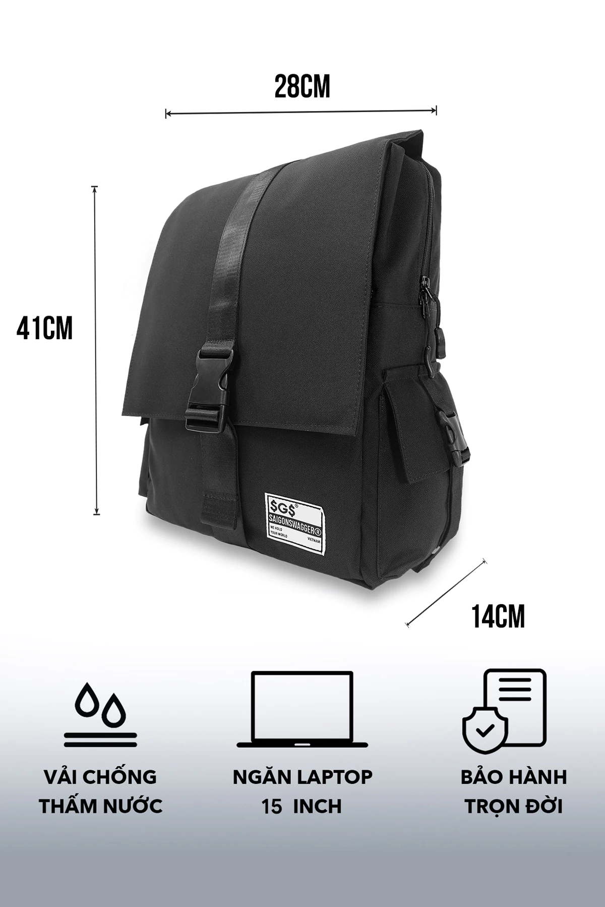 Balo Nam Nữ Vải Chống Nước SAIGONSWAGGER SGS Flapped Backpack, Ngăn Chống Sốc Laptop 15inch