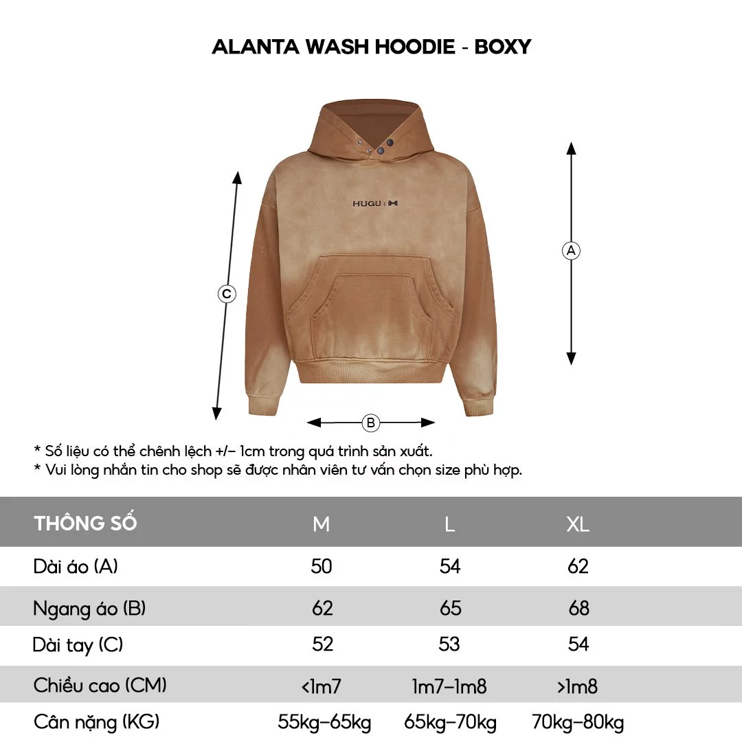 Áo khoác hoodie boxy unisex thêu logo HUGU - ALANTA WASH HOODIE - BOXY - Áo khoác hoodie wash, form boxy, nỉ bông cotton