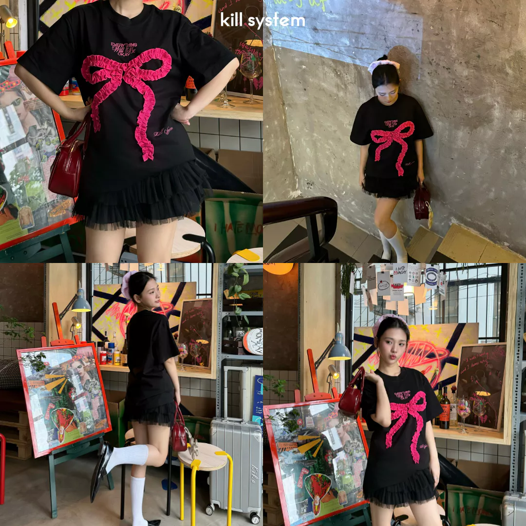Áo thun Nơ OKAY Killsystem oversize hình nơ nổi may nhún chất cotton