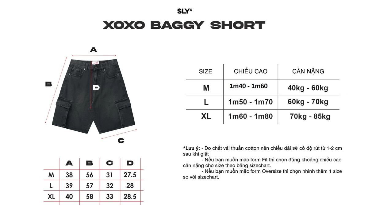 Quần Short Baggy Jeans SLY XOXO Màu Đen Bạc