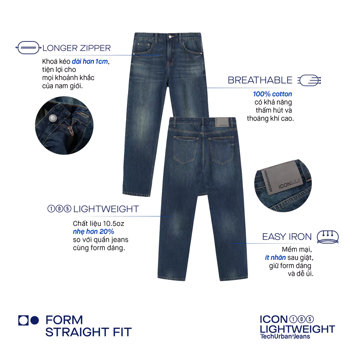 Quần jeans nam ICONDENIM, quần bò ống đứng, dáng suông, công nghệ Lightweight siêu nhẹ, chống nhăn tốt ICON105