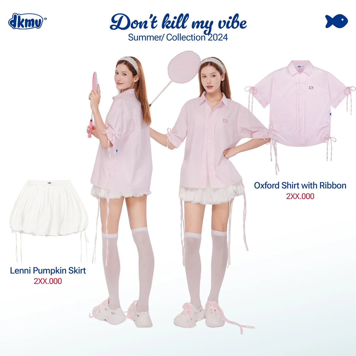 Áo sơ mi nữ kiểu tay ngắn kẻ sọc DKMV màu hồng, xanh, xám nhạt thắt nơ form rộng Oxford Shirt with Ribbon | K21-SM1