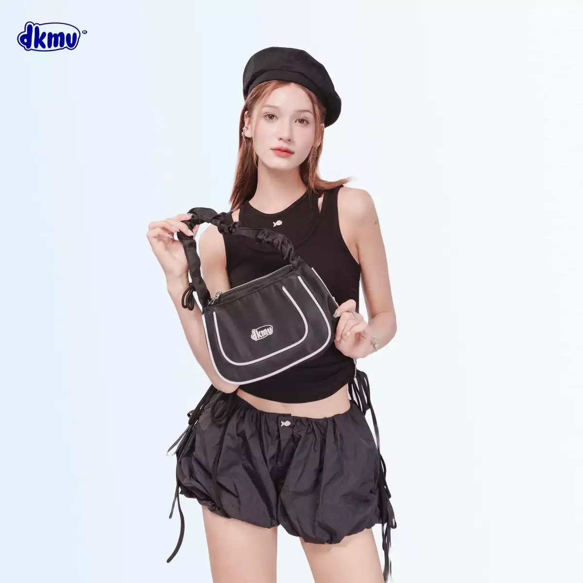 Túi xách nữ quai nhún phối viền DKMV in chữ su nổi vải canvas dây rút nơ dễ thương màu xanh, kem, đen Nichu Bag | K-B42
