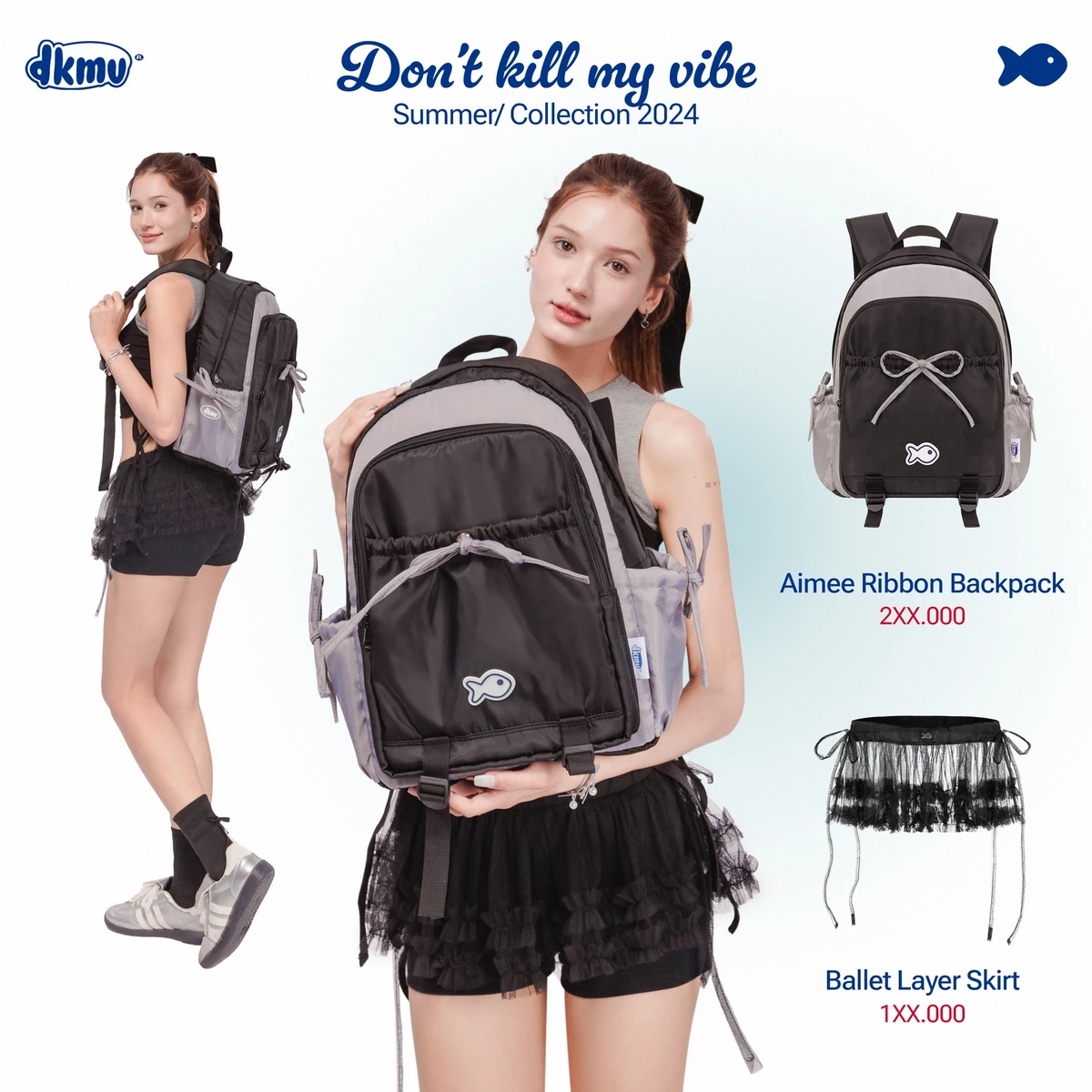 Balo nữ thời trang DKMV màu đen, kem, xanh biển, đỏ nhiều ngăn chất canvas Aimee Ribbon Backpack| K-P35