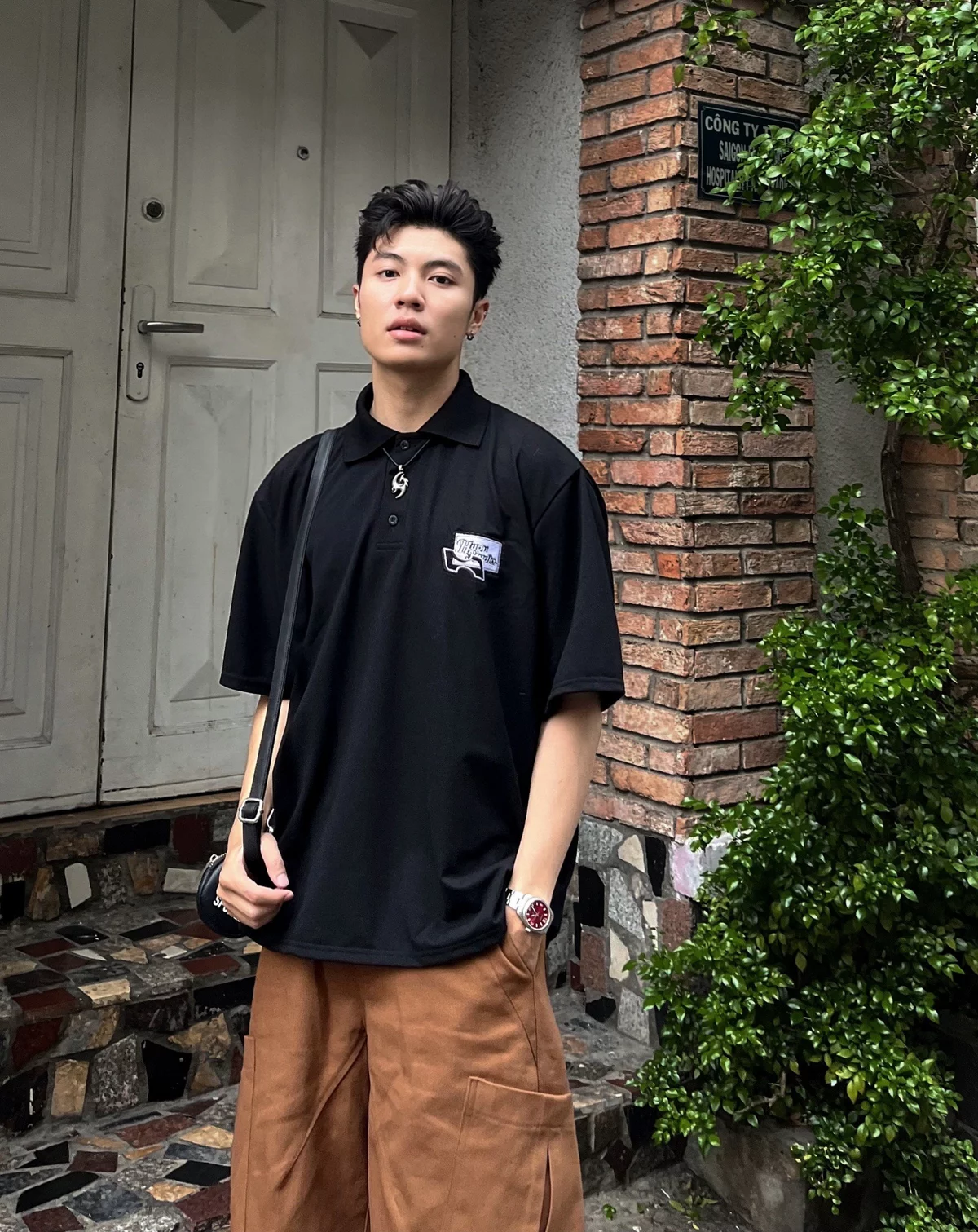 Áo polo vải cá sấu bốn chiều màu đen, xám, hồng,... phong cách hàn quốc, form rộng, unisex local brand HUGU - STAMP POLO