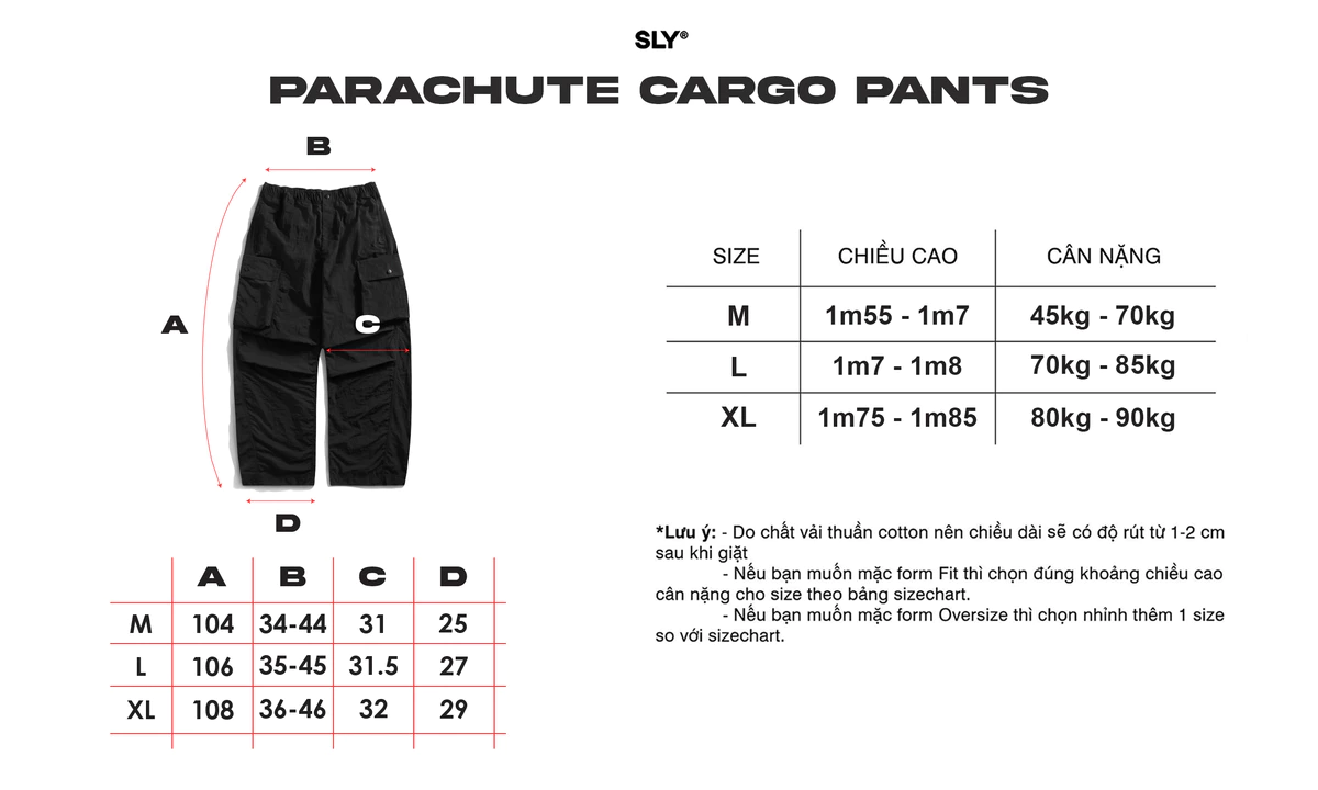 Quần dù túi hộp ống rộng SLY Parachute Cargo Pants Đen - Xám