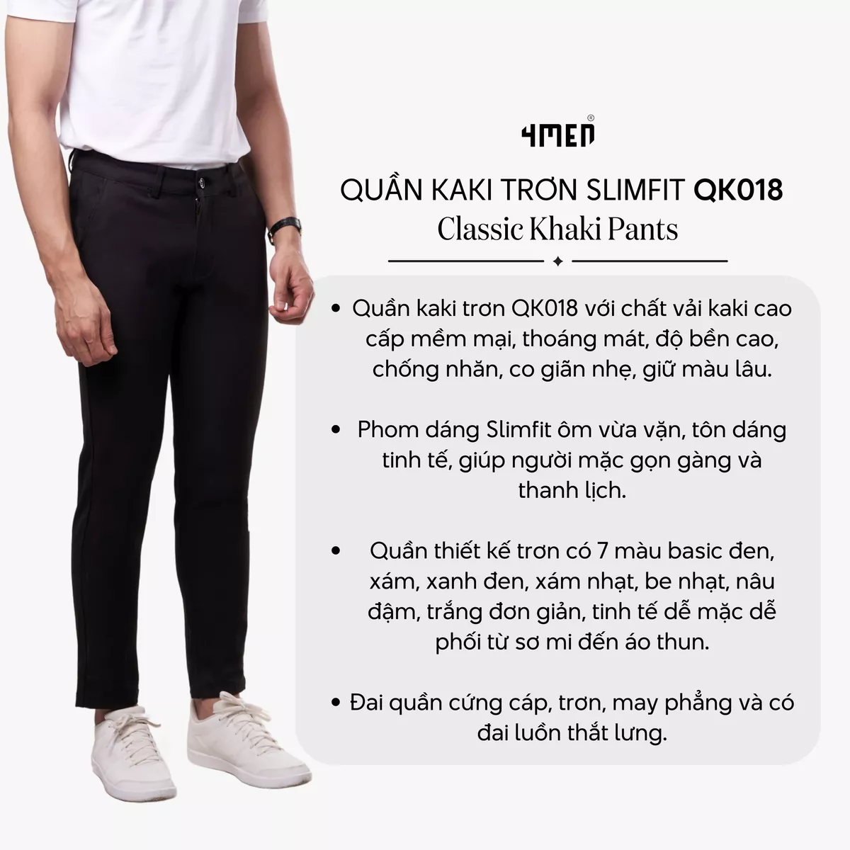 Quần kaki dài nam trơn 4MEN QK018 form slimfit ôm tôn dáng, vải mềm mại, co giãn tốt, trẻ trung