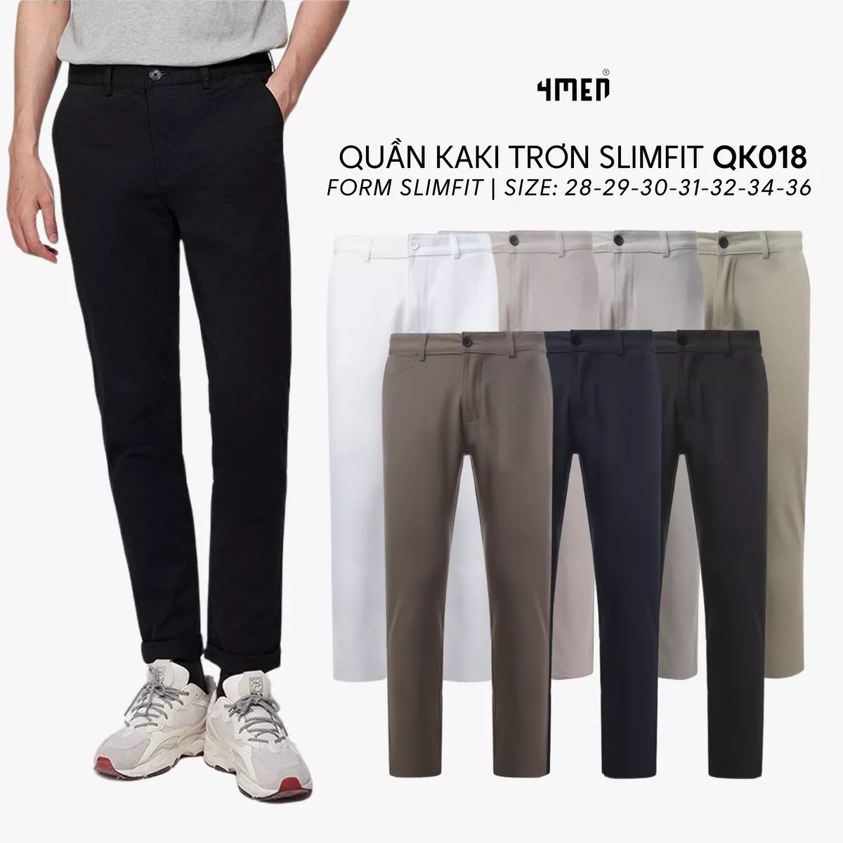 Quần kaki dài nam trơn 4MEN QK018 form slimfit ôm tôn dáng, vải mềm mại, co giãn tốt, trẻ trung