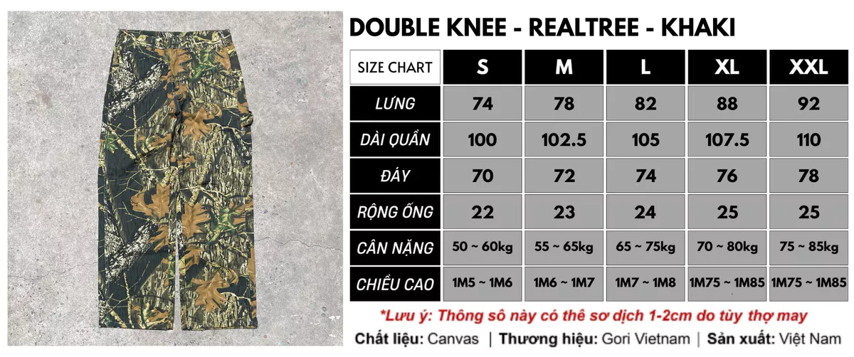 Quần REALTREE Double Knee - GORI - Chất Liệu Khaki