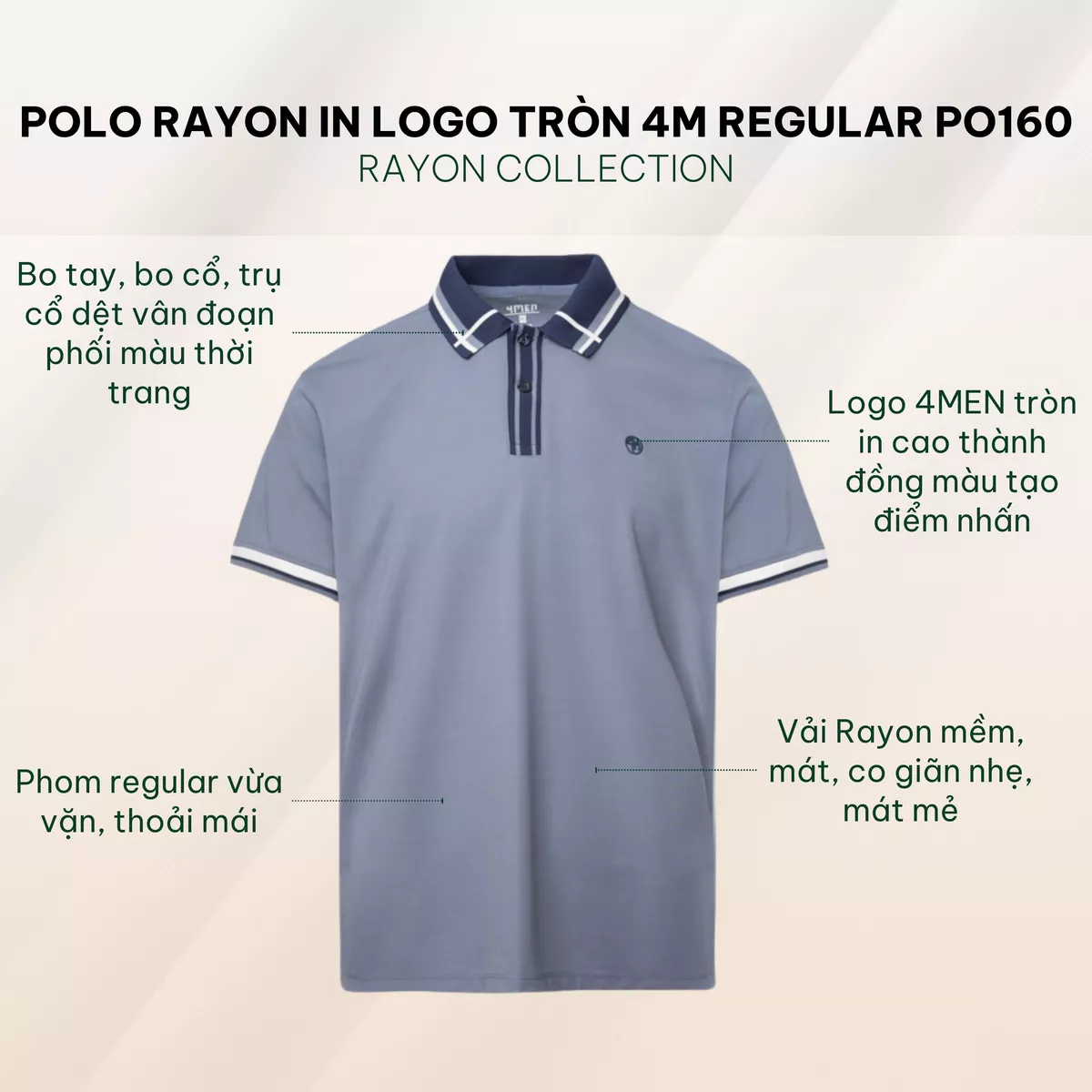Áo Polo Rayon In Logo Tròn 4M Form Regular 4MEN PO160 vải mềm mịn, thoáng mát, thoải mái