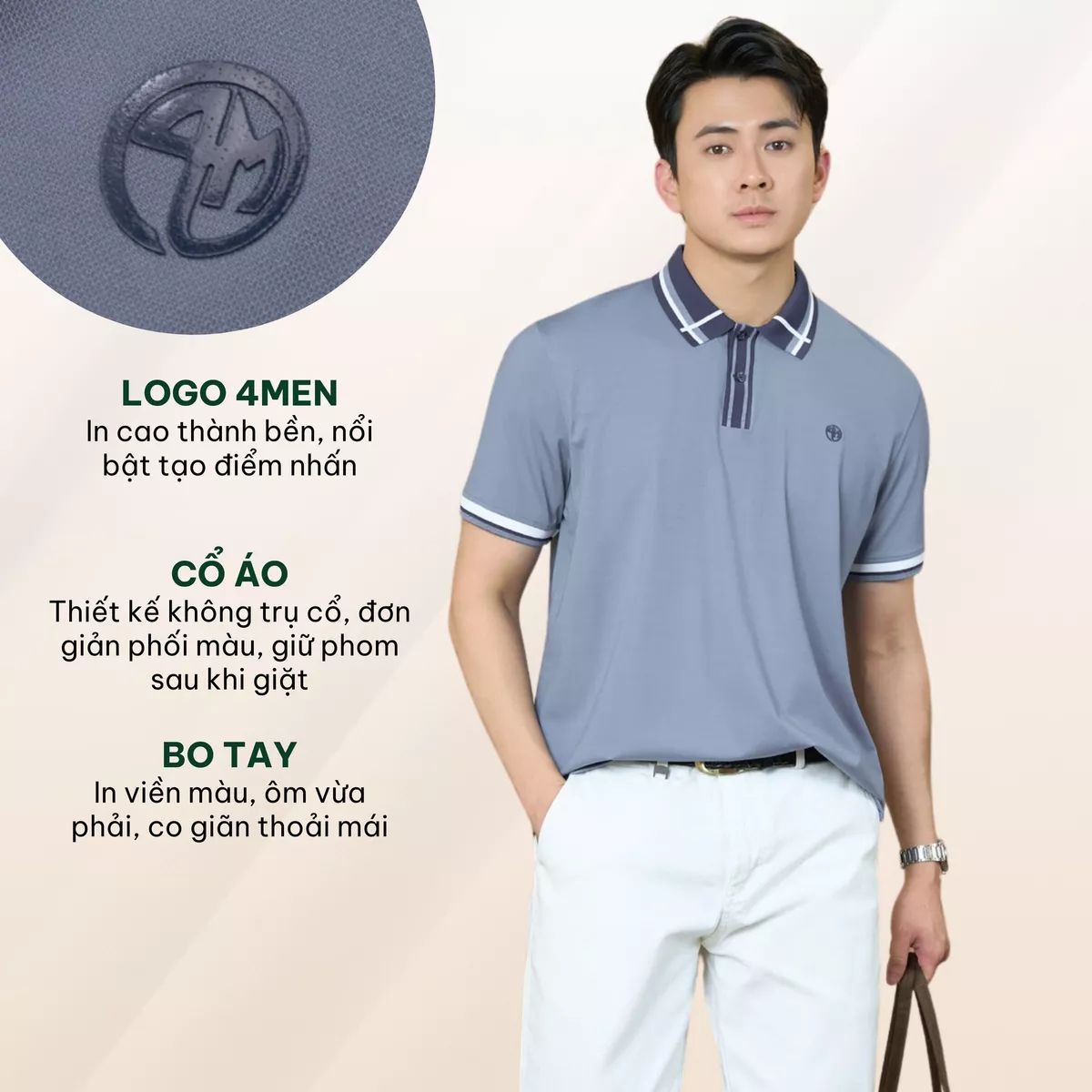 Áo Polo Rayon In Logo Tròn 4M Form Regular 4MEN PO160 vải mềm mịn, thoáng mát, thoải mái
