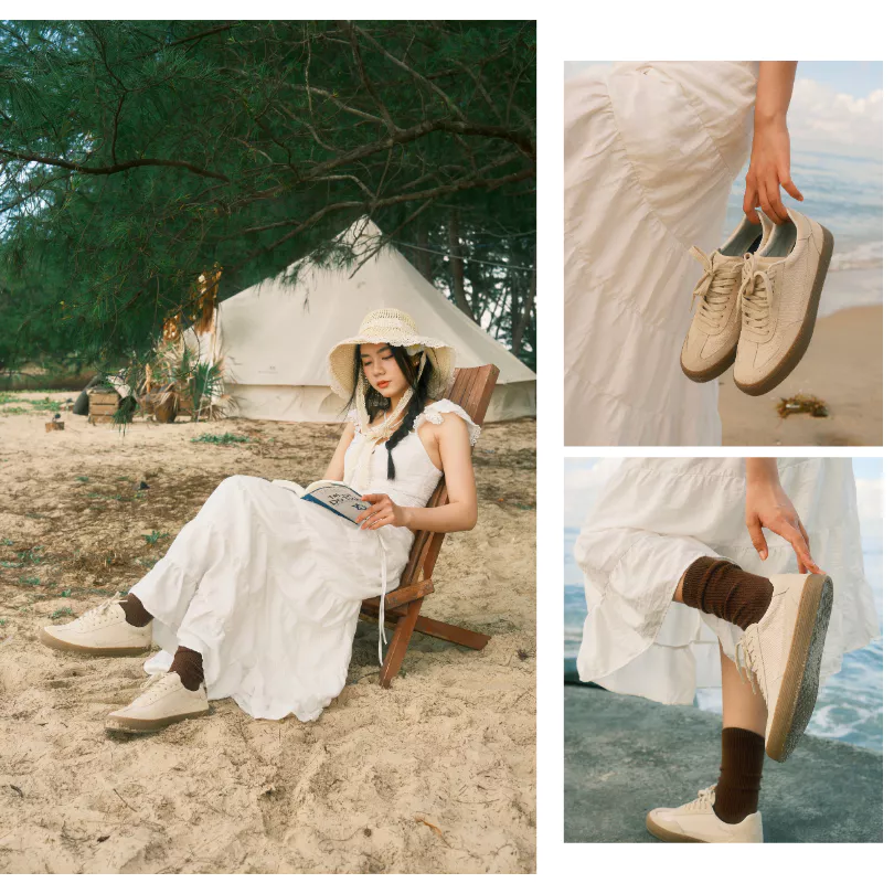 Giày Sneaker Vải Canvas Phối Da Nam Nữ DC35 Beige Dincox Shoes - Đế Khâu Bền Bỉ