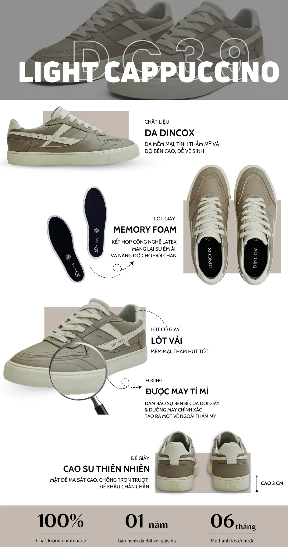 Giày Da Sneaker Nữ DC39 Light Cappuccino DINCOX Shoes Đế Bằng - Microfiber Leather