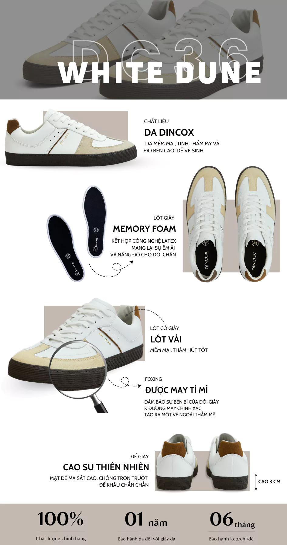 Giày Sneaker Da - GAT Shoes Nam Nữ DC36 White Dune Dincox Shoes
