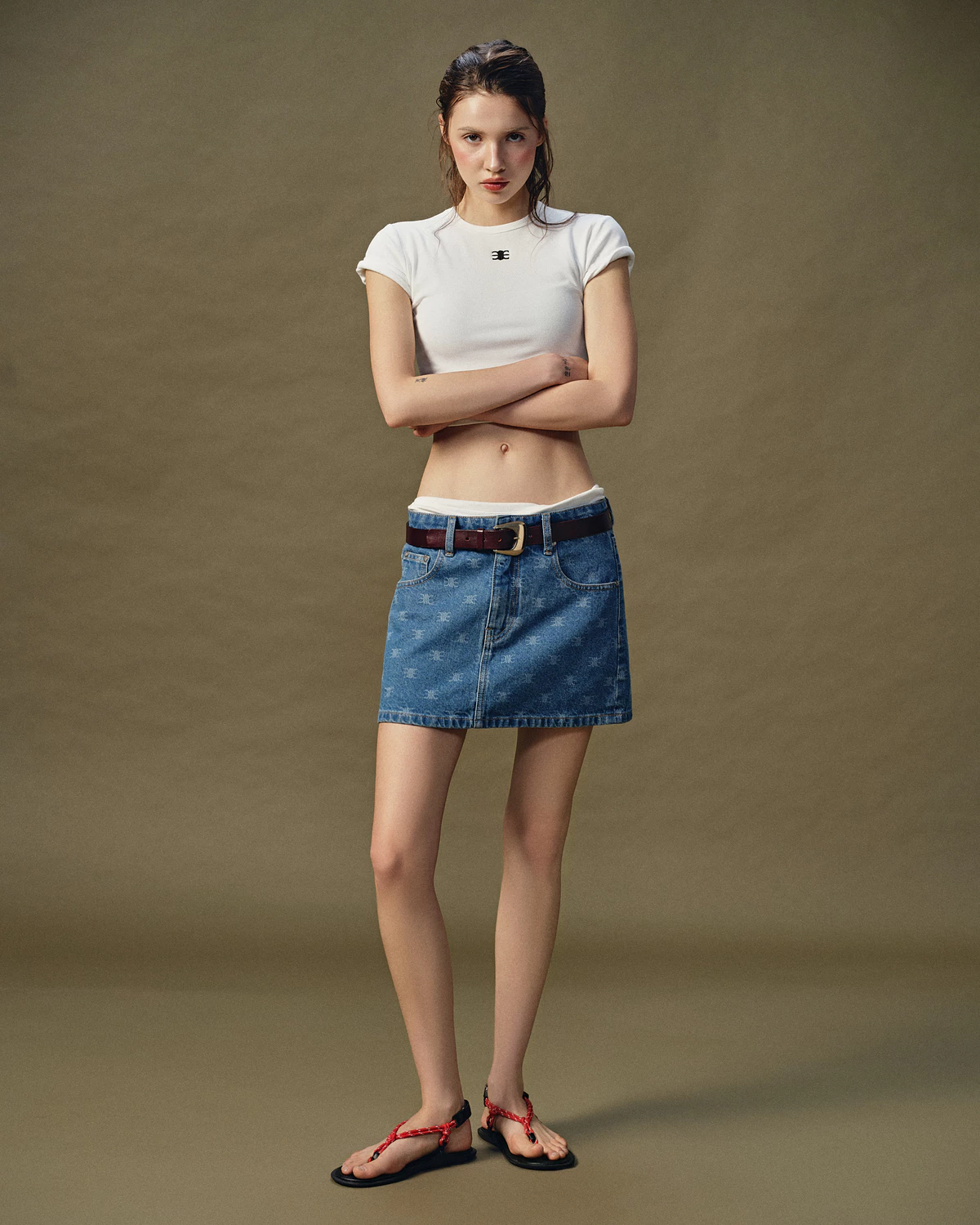 Eleven - Chân Váy Denim Mini Hoạ Tiết Monogram | Màu Xanh