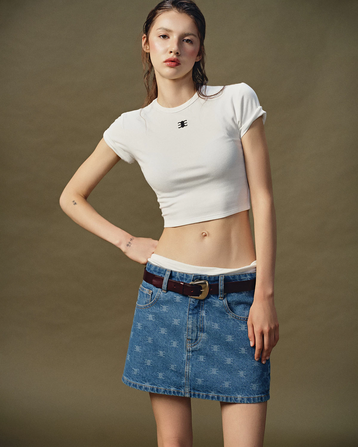 Eleven - Chân Váy Denim Mini Hoạ Tiết Monogram | Màu Xanh