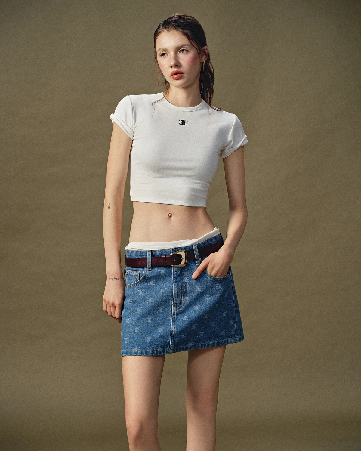 Eleven - Chân Váy Denim Mini Hoạ Tiết Monogram | Màu Xanh