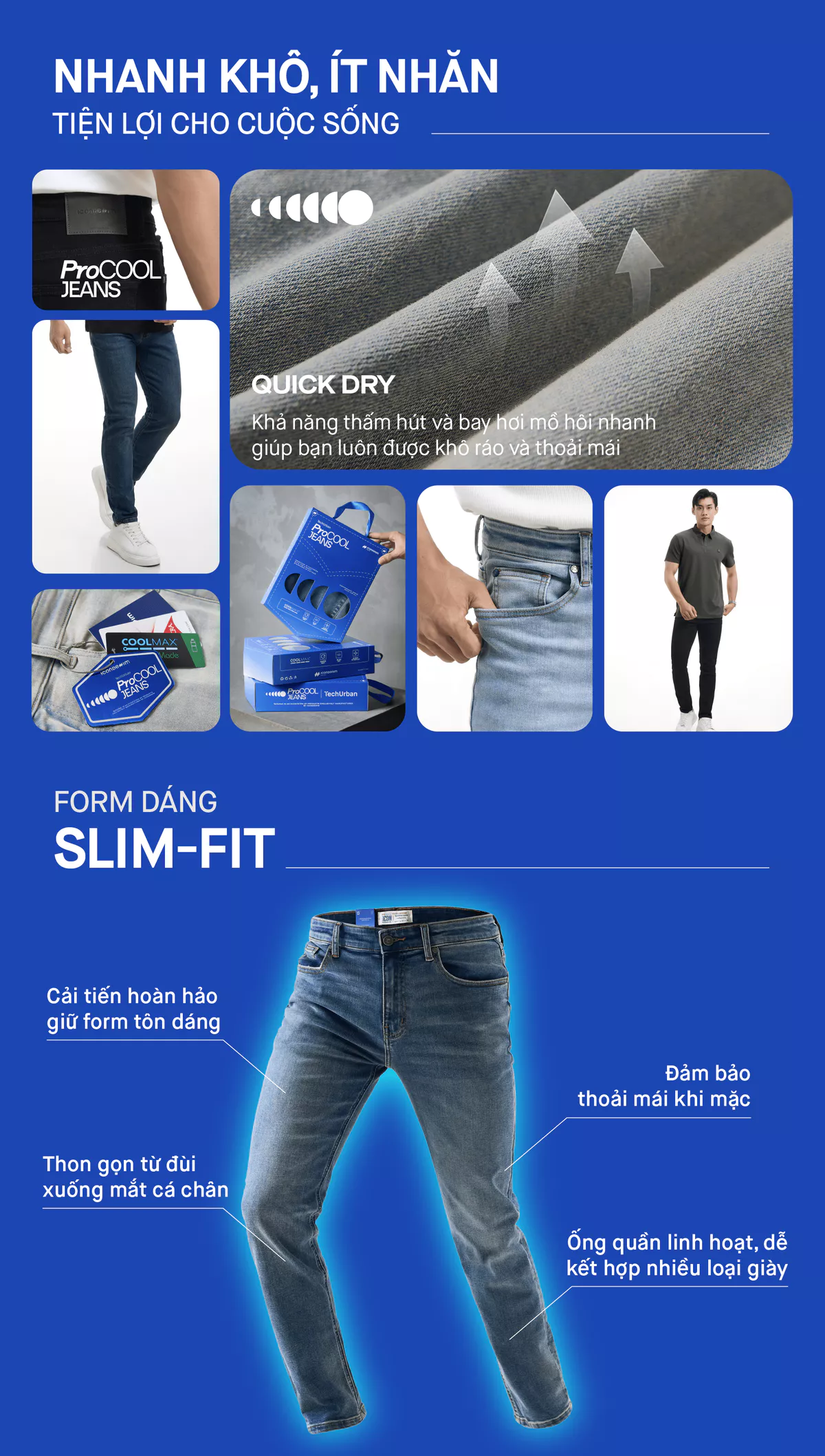 Quần jeans nam PROCOOL ICONDENIM, quần bò form slimfit ôm vừa vặn, công nghệ vải Coolmax mát lạnh, mềm mịn, thoải mái