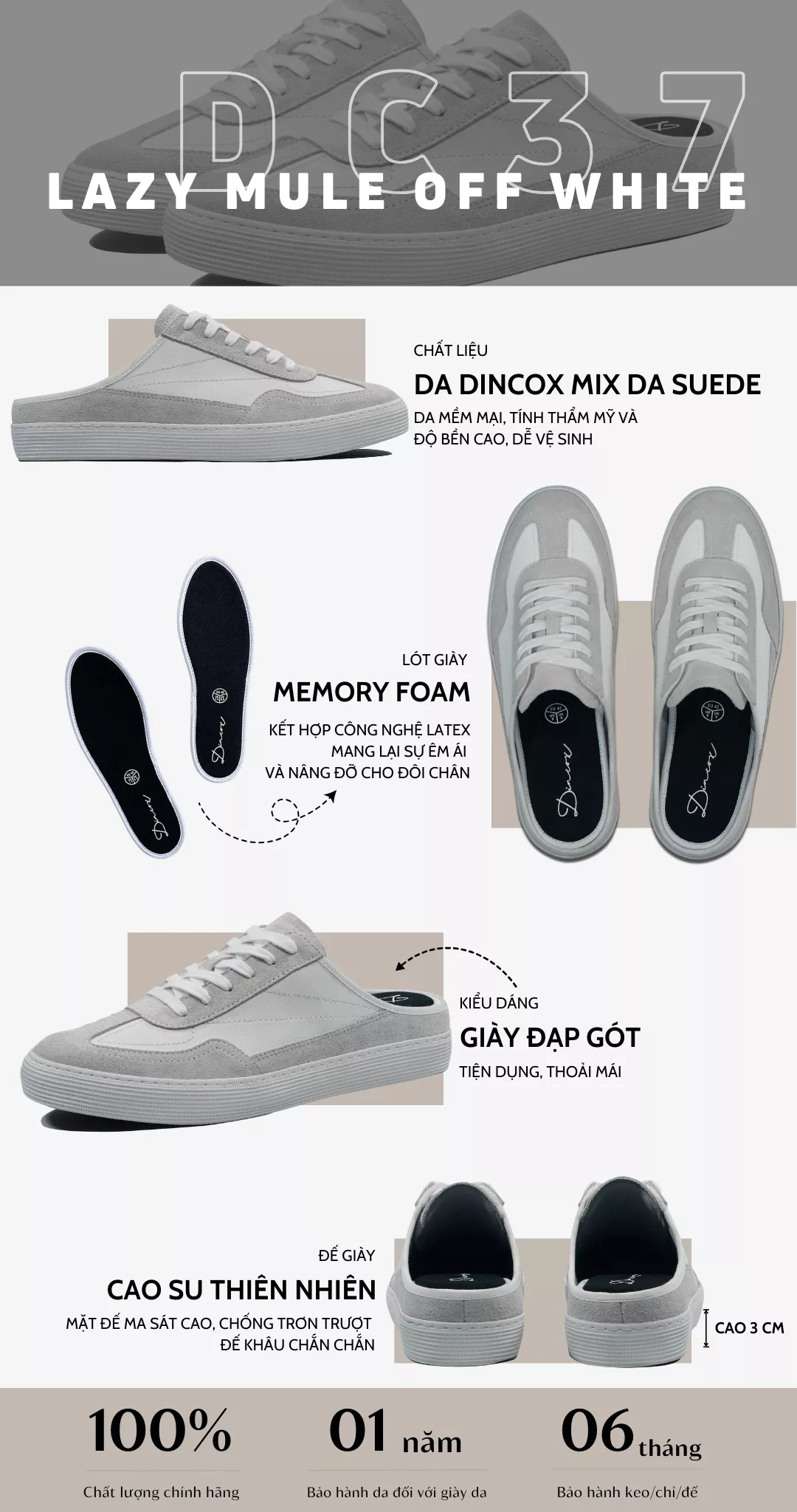 Giày Sục Đạp Gót Mules Sneaker Unisex DINCOX DC37 Lazy Mule Off/White Chất Liệu Da