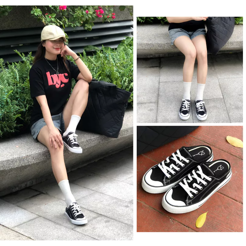 Giày Sục Đạp Gót Mules Vải Sneaker Unisex Tăng Chiều Cao 4cm DINCOX E10 Black