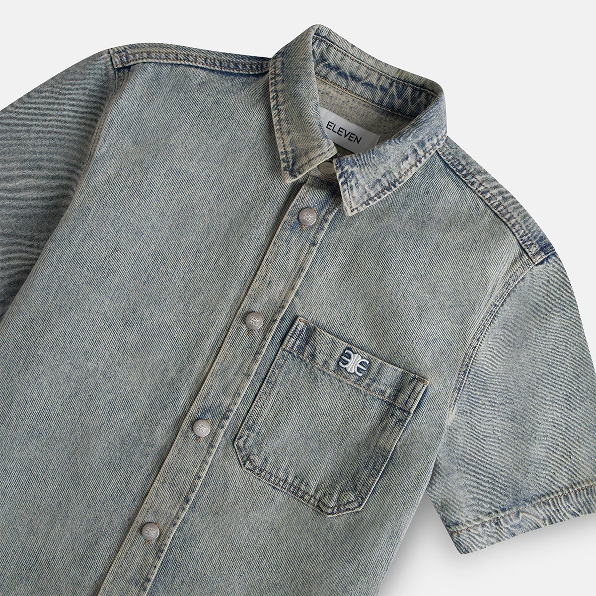 Eleven - Áo Sơ Mi Khoác Jeans Thêu Túi Mono | Màu Xanh Nhạt