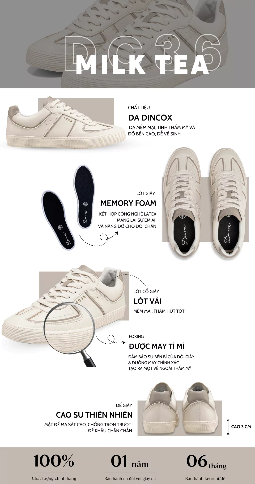 Giày Sneaker Da Nam Nữ DC36 MILK TEA DINCOX Shoes Đế Bằng