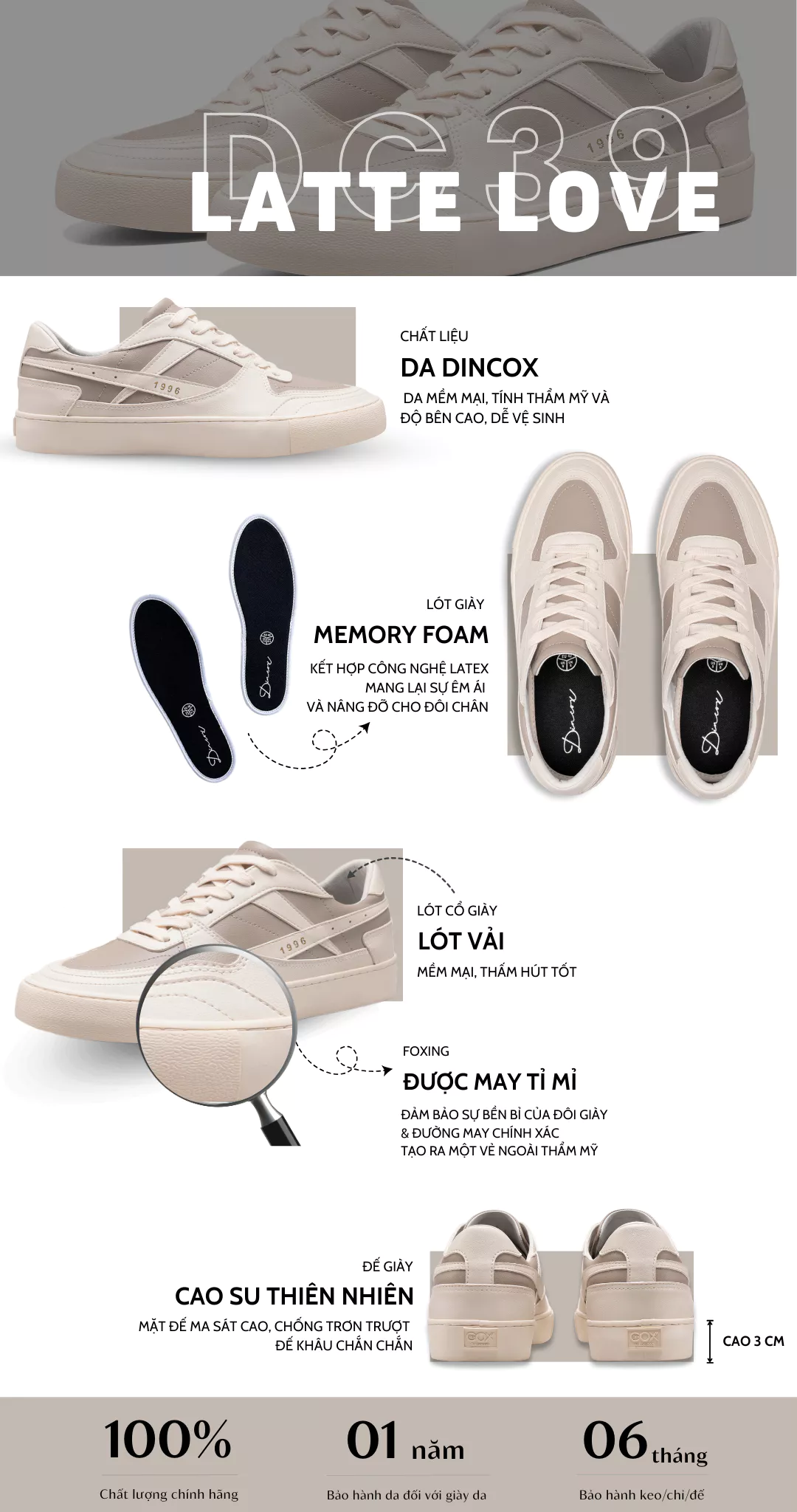Giày Da Sneaker Nam Nữ DC39 LATTE LOVE DINCOX Shoes Đế Bằng - Microfiber Leather