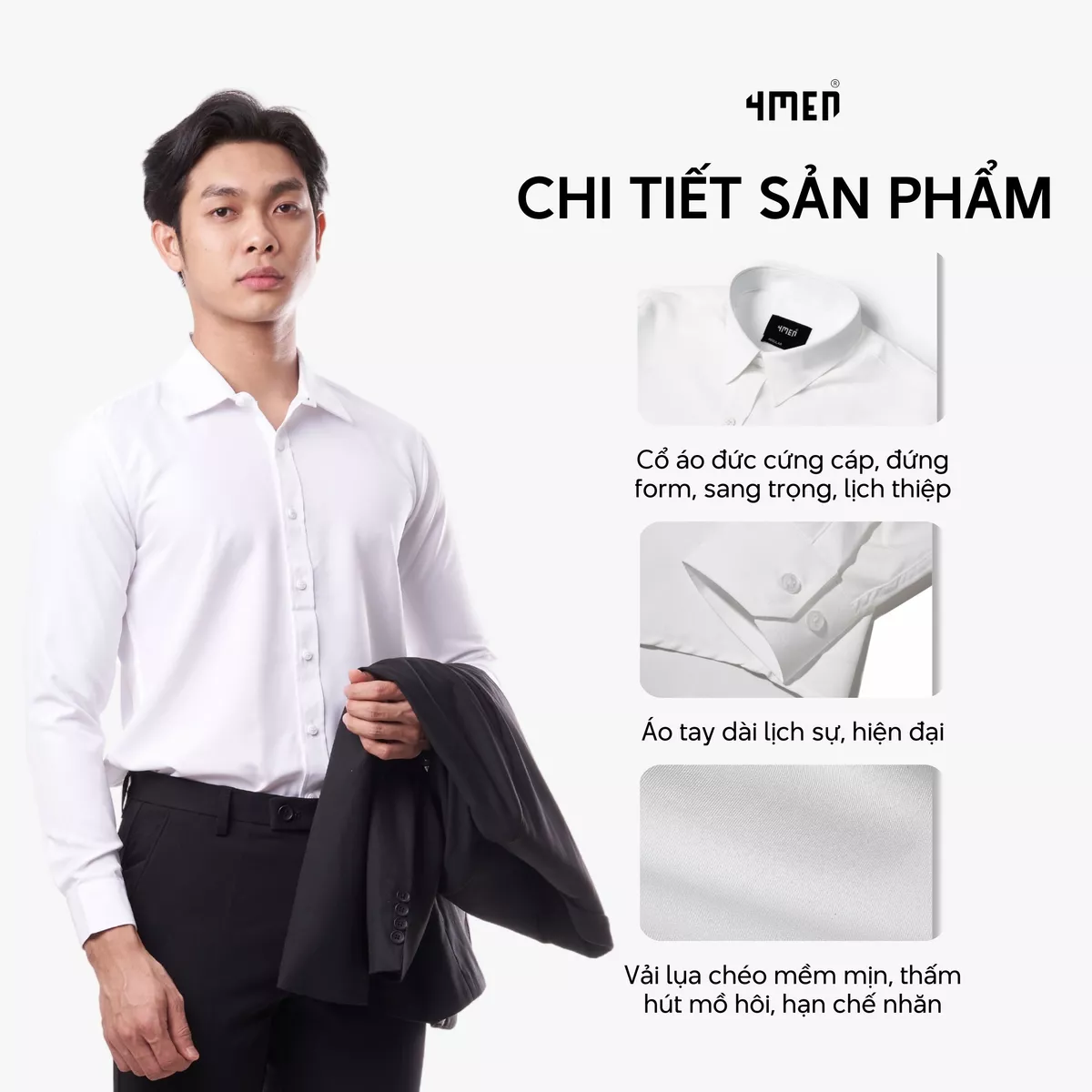 Áo sơ mi nam tay dài trơn đẹp 4MEN SM088 lụa chéo hạn chế nhăn, mềm mịn, form tailored rộng công sở trẻ trung, giá rẻ
