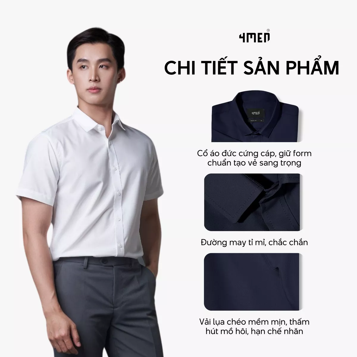 COMBO 2 Áo sơ mi nam tay ngắn trơn đẹp 4MEN SM087 vải lụa chéo mềm mịn, hạn chế nhăn, form tailored công sở trẻ trung