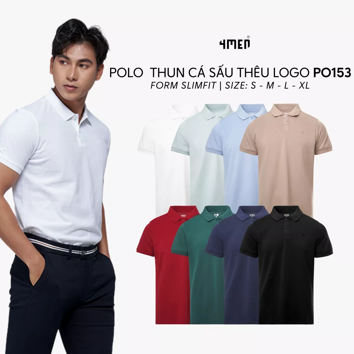 Áo thun polo nam trơn 4MEN PO153 có cổ bẻ basic form slimfit ôm đẹp trẻ trung, vải cá sấu chống nhăn mềm mịn mát giá rẻ