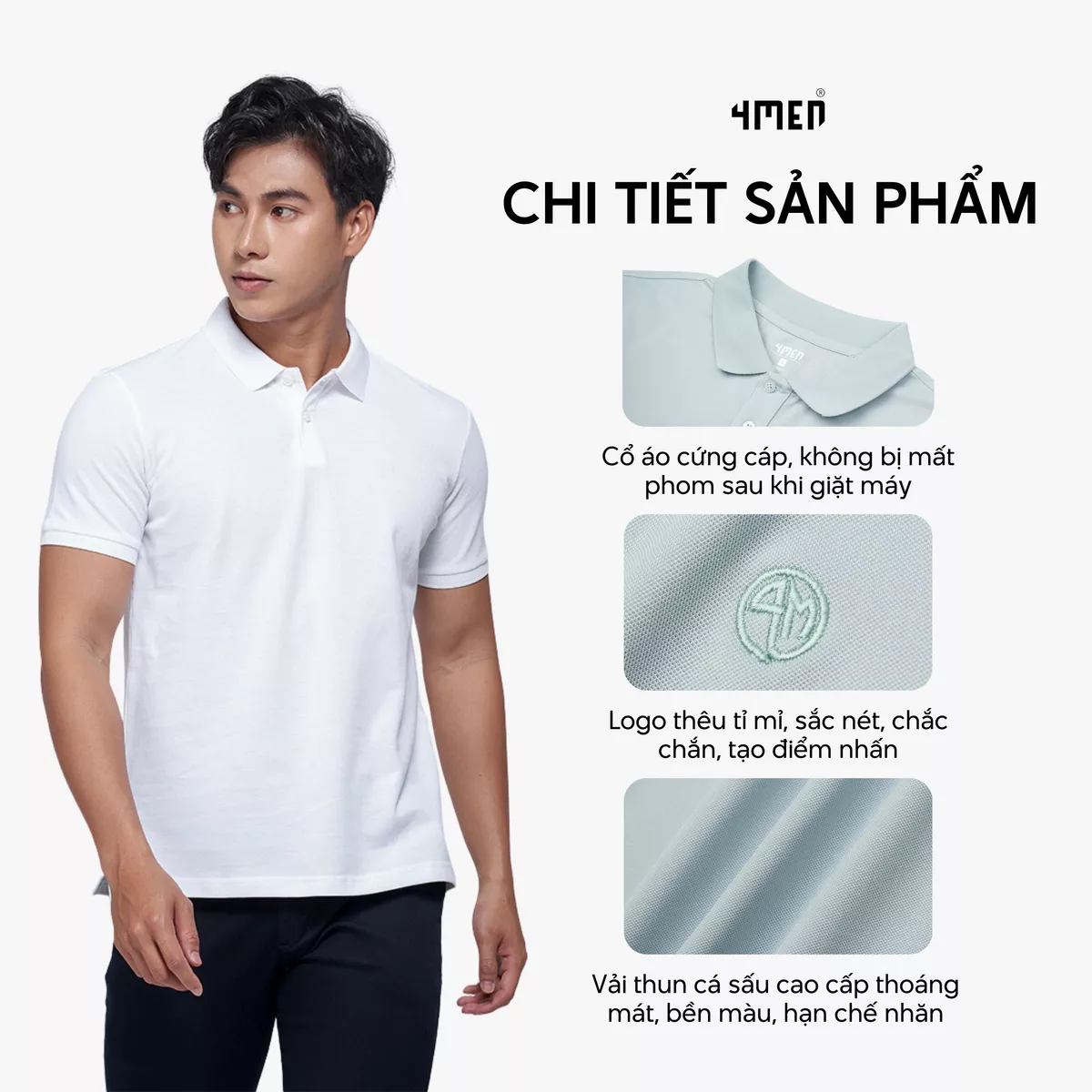 Áo thun polo nam trơn 4MEN PO153 có cổ bẻ basic form slimfit ôm đẹp trẻ trung, vải cá sấu chống nhăn mềm mịn mát giá rẻ