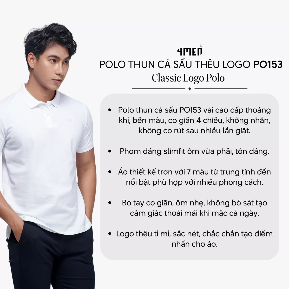 Áo thun polo nam trơn 4MEN PO153 có cổ bẻ basic form slimfit ôm đẹp trẻ trung, vải cá sấu chống nhăn mềm mịn mát giá rẻ