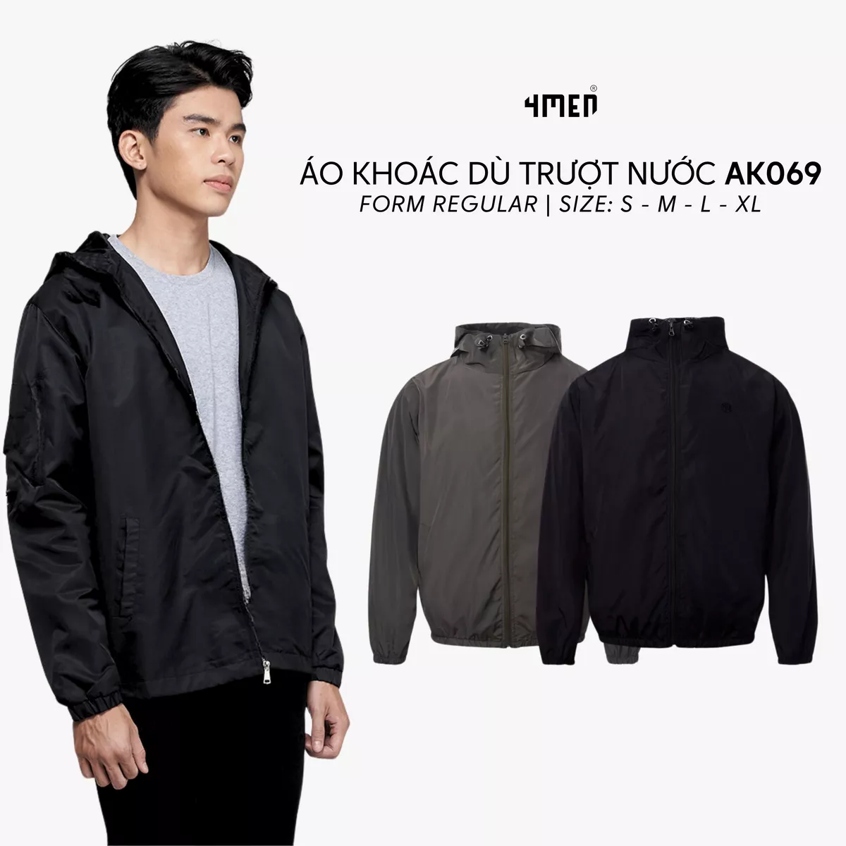 Áo khoác dù (gió) nam có nón 4MEN AK069 vải đẹp cao cấp, may trơn 2 lớp dày vừa phải, chống thấm cản gió thoáng khí