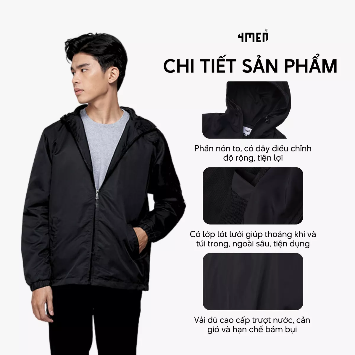 Áo khoác dù (gió) nam có nón 4MEN AK069 vải đẹp cao cấp, may trơn 2 lớp dày vừa phải, chống thấm cản gió thoáng khí
