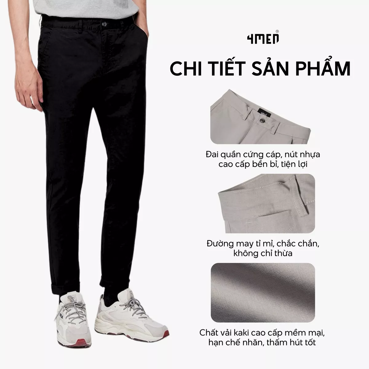Quần kaki dài nam trơn 4MEN QK018 form slimfit ôm tôn dáng, vải mềm mại, co giãn tốt, trẻ trung