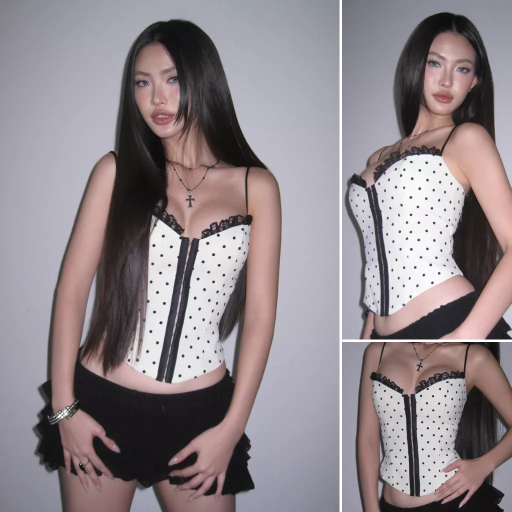 LSOUL Áo 2 Dây Corset Chấm Bi Phối Ren Jeana + Chân Váy Đen Xếp Tầng Birdy A24092779 CV23120671