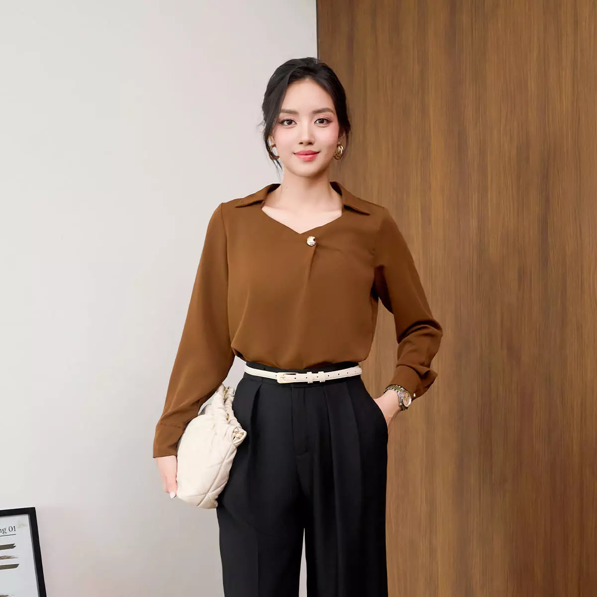 Áo Kiểu Nữ GUMAC Form Suông Tay Dài Măng Set Cổ Vuông Lá Cổ Sơ Mi Lụa Ý Mềm Tiểu Thư AF07028